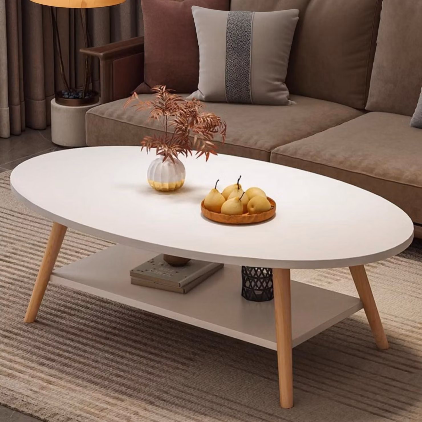 Tavolino da divano ovale, bianco, in legno di pino, a doppio strato, dimensioni 100x50x40 cm