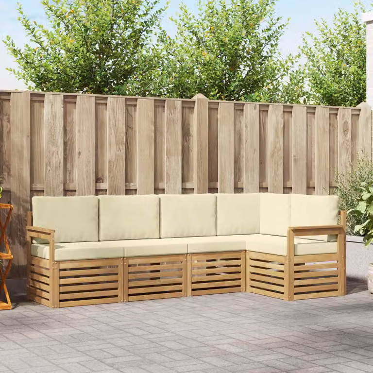 Set di divani da esterno vidaXL a forma di L con cuscini, Bianco e Beige, in legno di acacia e poliestere resistente ai raggi UV