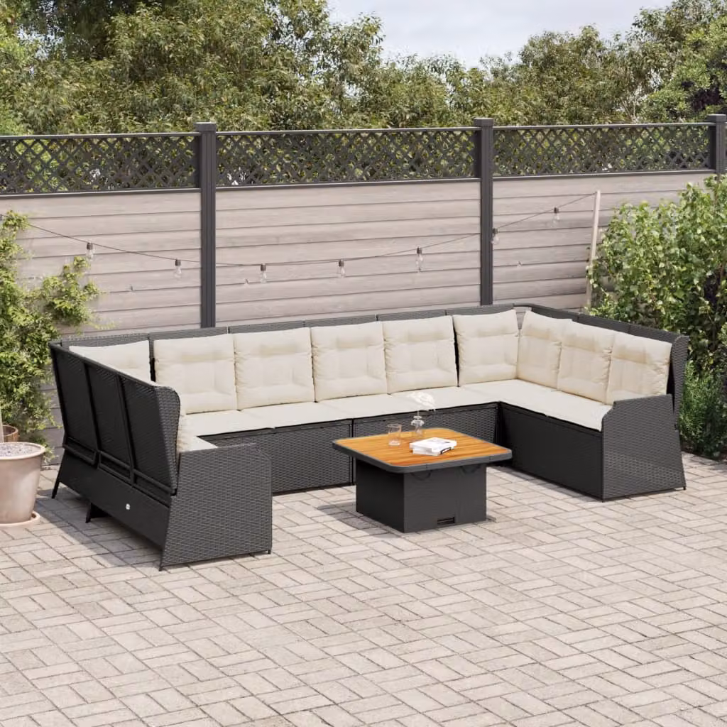 Set Salotto da Giardino vidaXL a Forma di L con 7 Cuscini e Tavolino, Polyrattan e Acciaio Verniciato a Polvere, Nero – 1