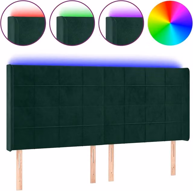 Testiera con illuminazione LED e porta USB in velluto verde scuro L: 203 cm, P: 16 cm, H: 118/128 cm
