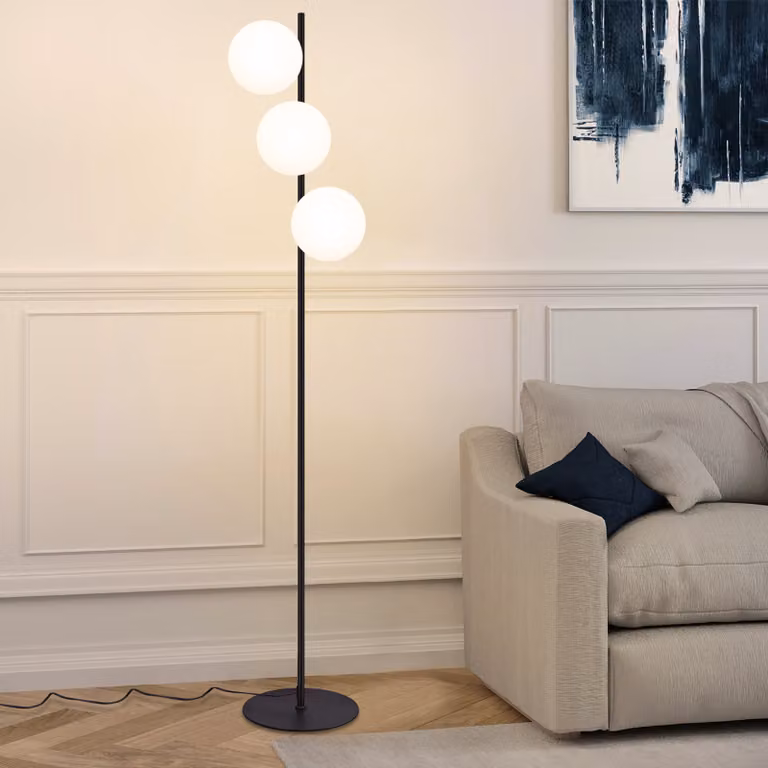 ZMH Lampada da terra nera a 3 fiamme Lampada da terra moderna E27 Lampada da terra vintage con paralumi in vetro bianco Interruttore a pedale Metallo per soggiorno camera da letto ufficio