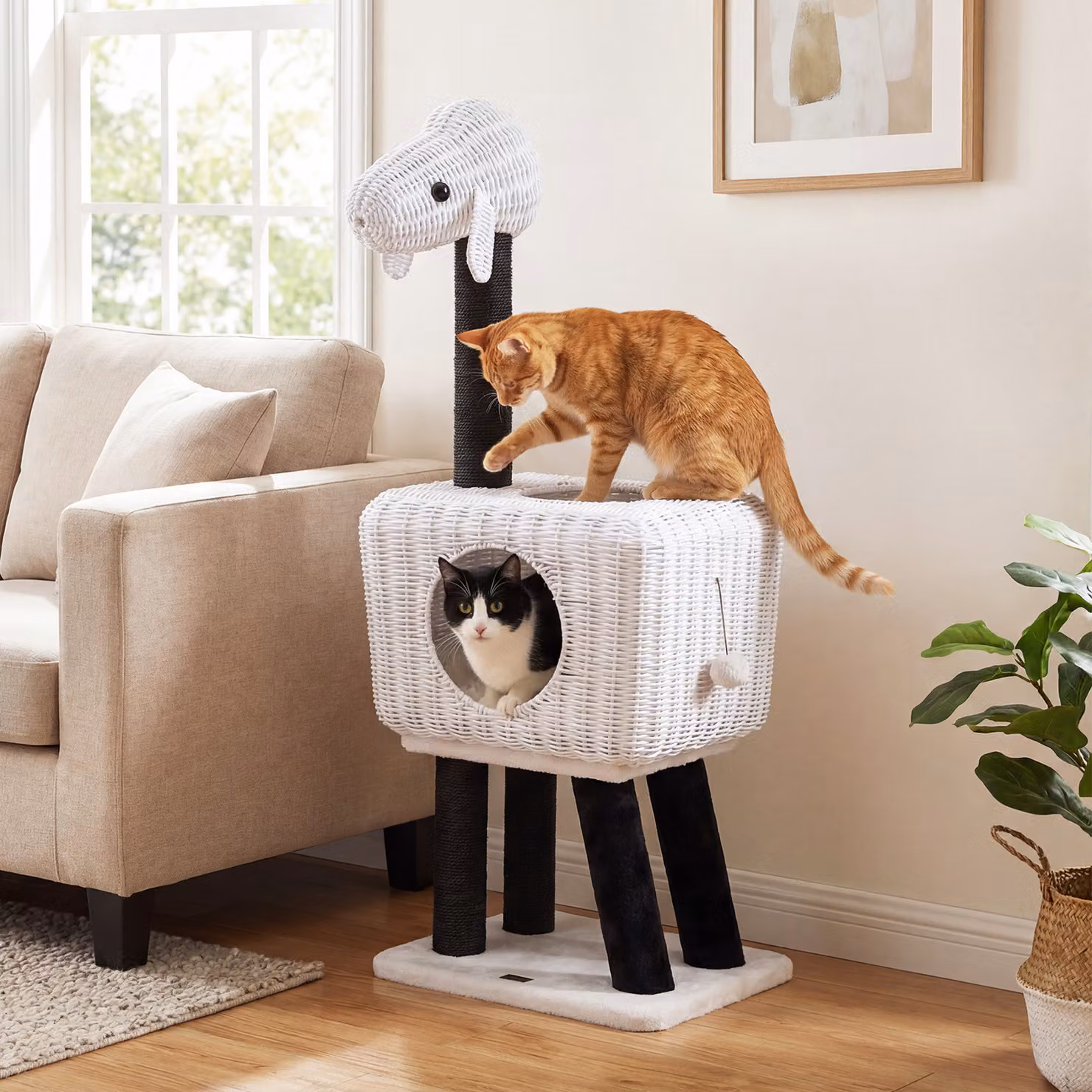 Albero tiragraffi per gatti Costway con grotta a forma di pecora, 5 pali in sisal, cuscino morbido e pompon, colore bianco