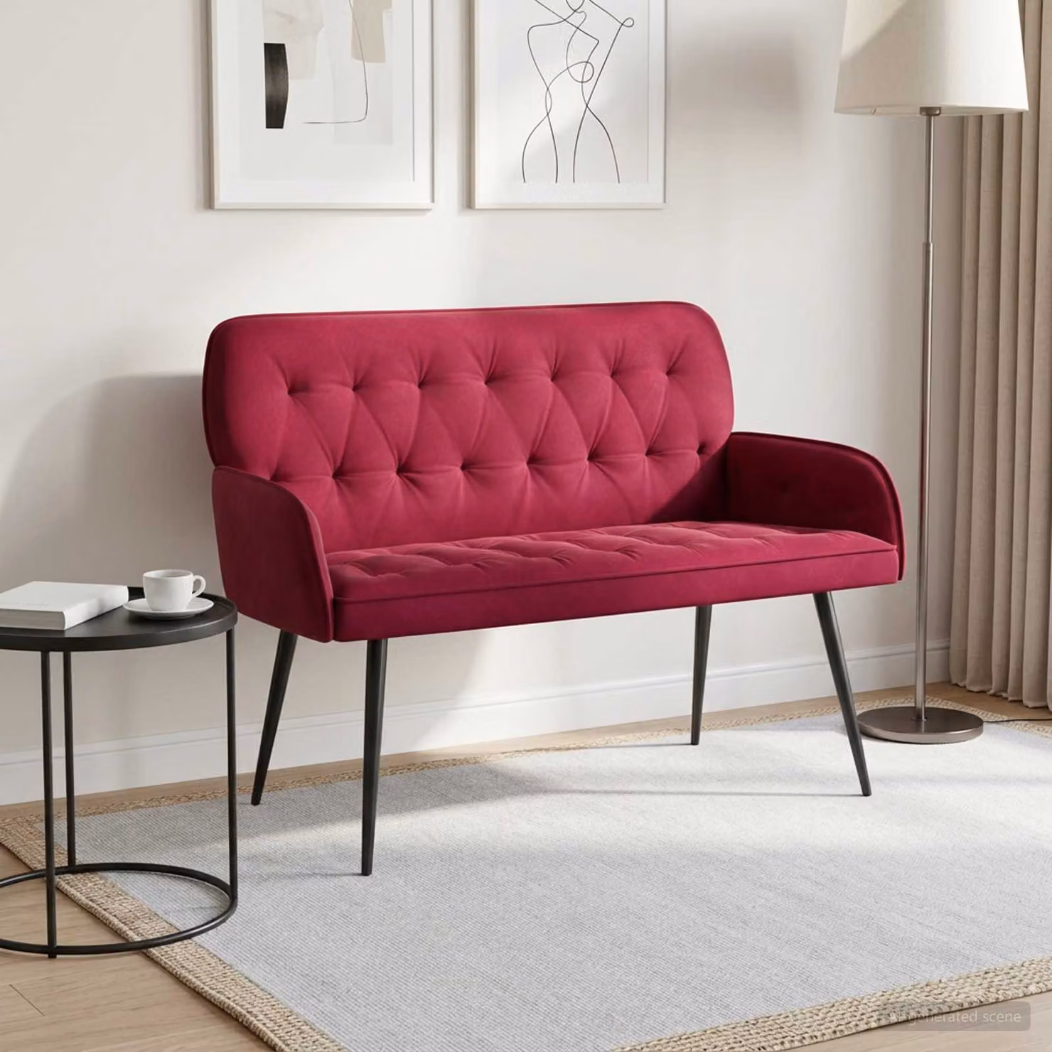 vidaXL Divano a 2 posti moderno in velluto rosso e nero con gambe in metallo e legno L: 115 cm, P: 86 cm, H: 58 cm