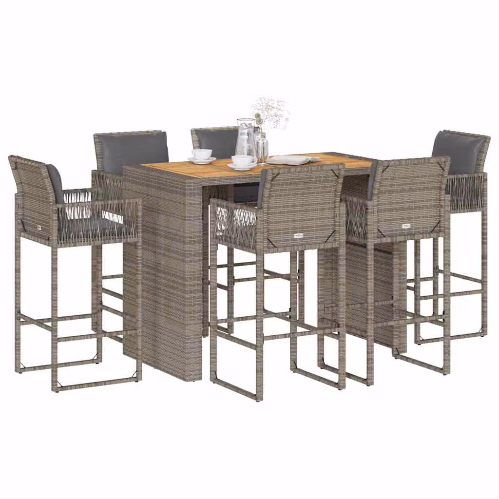 Set Bar da Giardino vidaXL in Polyrattan e Legno di Acacia con 7 Pezzi e Cuscini Grigio