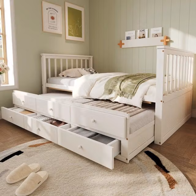 Letto singolo 90x200 cm (90x190 cm) per bambini da giorno in legno massello, con letto estraibile e tre cassetti - Bianco