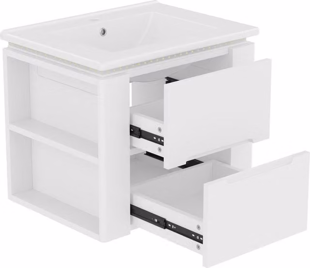 Armadio da bagno a parete con illuminazione a sensore radar LED, due cassetti e ripiani laterali, 61x46x50 cm, Bianco