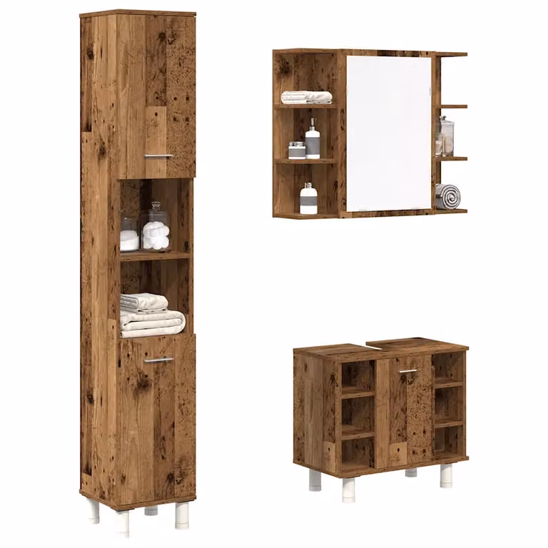 Set di mobili da bagno vidaXL 3 pezzi in legno color marrone antico con armadietto a specchio e colonna alta