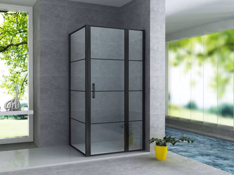 Cabina doccia Aloni con porta a battente, elemento fisso e pannello laterale, finitura nera opaca, dimensioni 90x140x200 cm