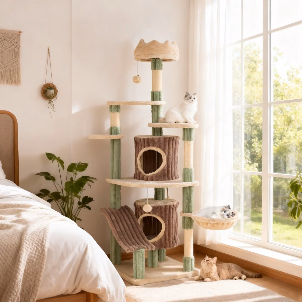 Albero per gatti da interno Costway beige con 2 cuccette e centro attività per animali domestici