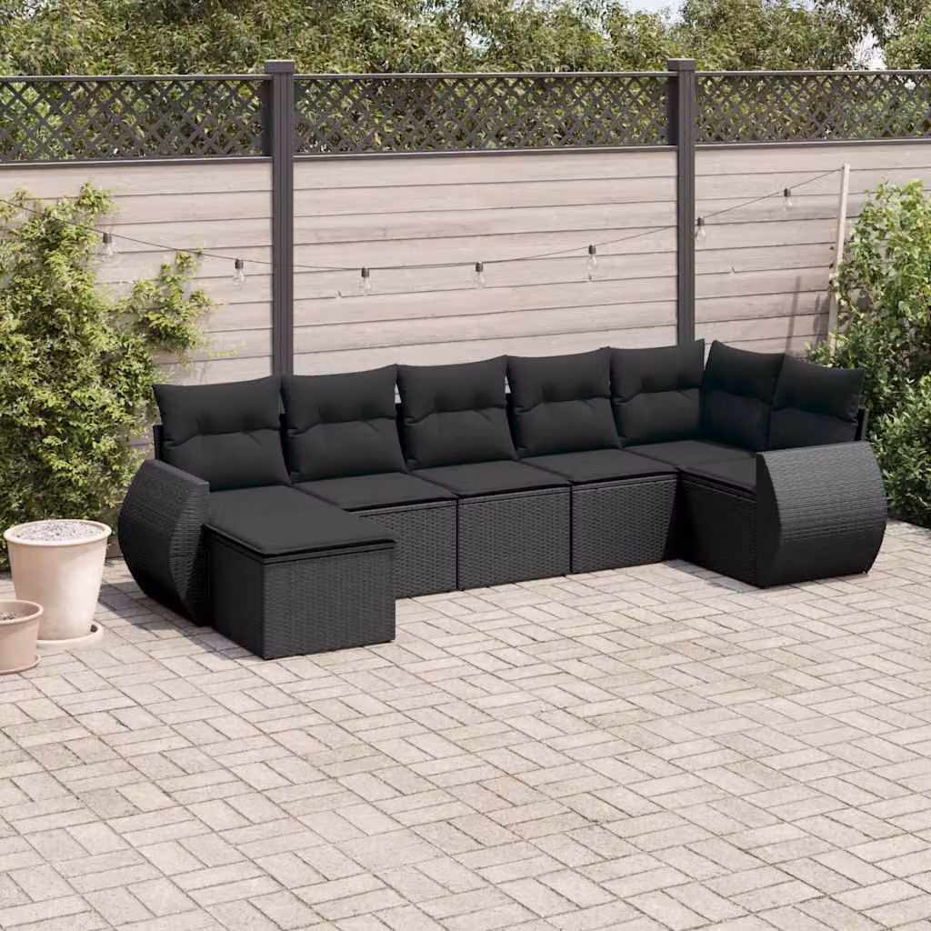 Set di divani da giardino vidaXL a forma di L con 7 pezzi e cuscini in polyrattan nero – 1