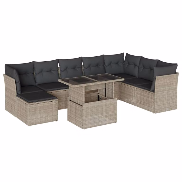 Set Divano da Giardino 9pz con Cuscini Grigio Chiaro Polyrattan
