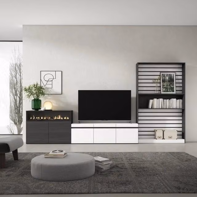 Mobile TV per soggiorno Skraut Home con camino elettrico e illuminazione integrata, Bianco e nero, L: 360 cm, P: 35 cm, H: 186 cm – 1