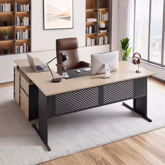 Scrivania Mobile da Ufficio Moderna a L con Cassetti e Mobiletto Portaoggetti, Scrivania Reversibile in Ferro e Legno, Capacità di Carico di 158,7 kg,