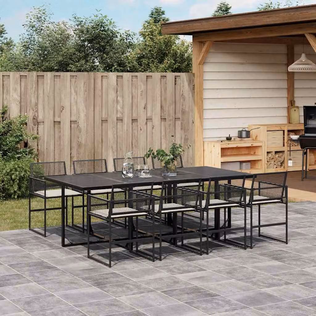 Set da pranzo da giardino vidaXL in polyrattan nero con cuscini bianchi e tavolo in vetro per 9 persone