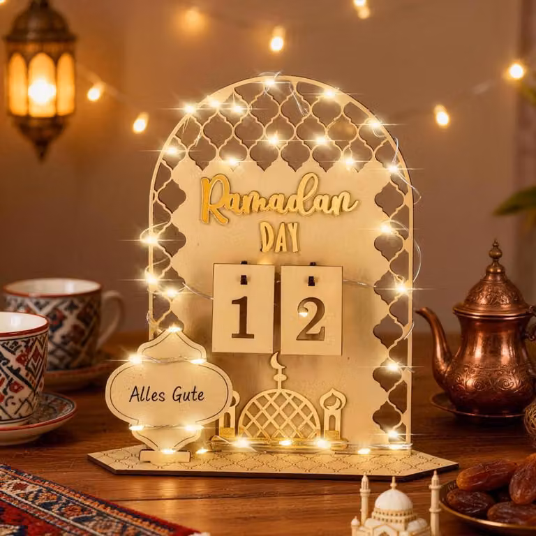 Calendario del Ramadan in legno con catena di luci LED, con conto alla rovescia di 30 giorni