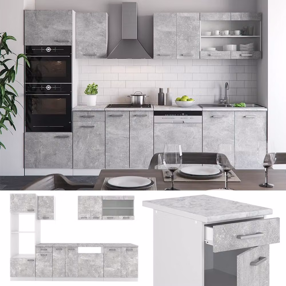 Cucina componibile moderna Vicco R-Line Calcestruzzo e Bianco con armadio alto e piano in marmo, L: 300 cm – 2