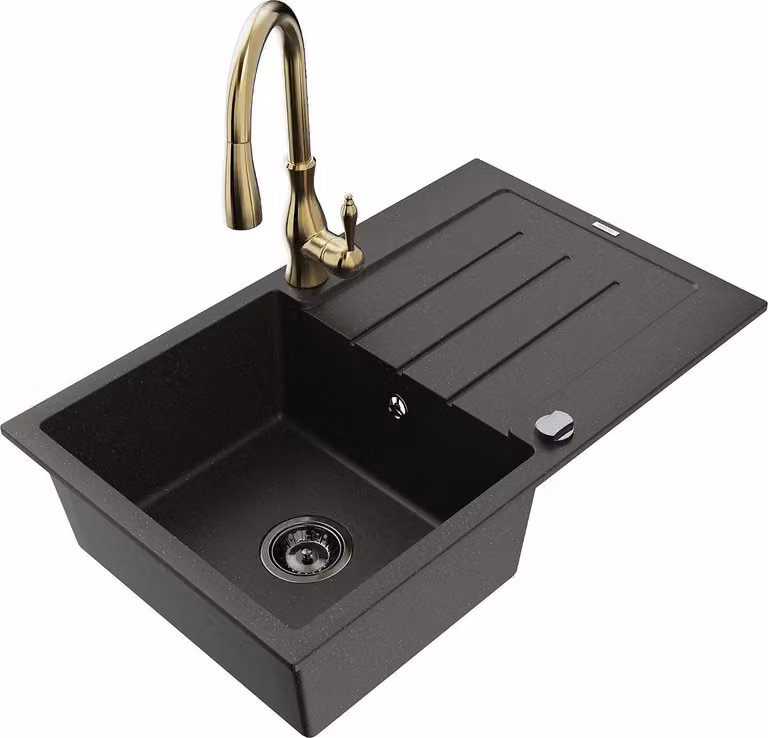 Mexen Bruno lavello in granito a 1 vasca con scolapiatti e rubinetto da cucina Savita, nero/oro metallico - 6513-75-672601-50-B