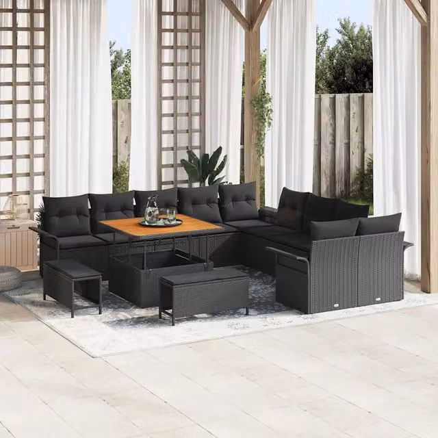 Set Divano da Giardino vidaXL a forma a U composto da 13 pezzi in colore nero con cuscini inclusi e struttura in acciaio verniciato a polvere