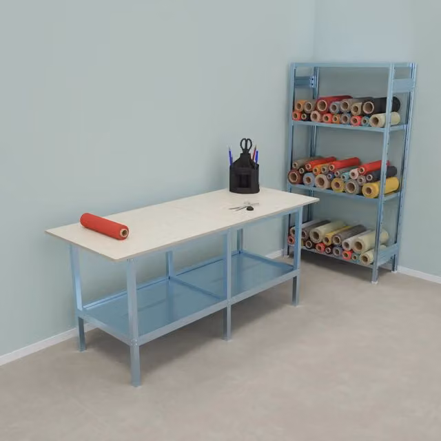 Banco da lavoro Castellani Shop con struttura in metallo e piano in legno, disponibile fisso o su ruote, multicolore, L: 200 cm, P: 80 cm, H: 93 cm