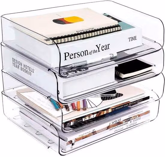 Ibenzoa® Trasparenti, set di 4 contenitori impilabili – in PET, impermeabili, adatti al formato A4, dimensioni 31,5 x 24,5 x 7 cm, organizer per ufficio e documenti