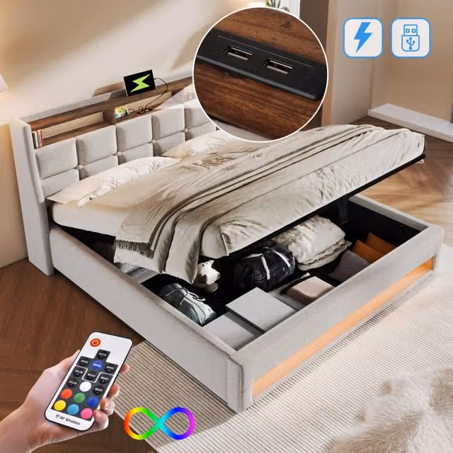 Letto Matrimoniale 180x200 Imbottito in Lino Beige con Luci LED e Prese USB; Rete a Doghe Sollevabile