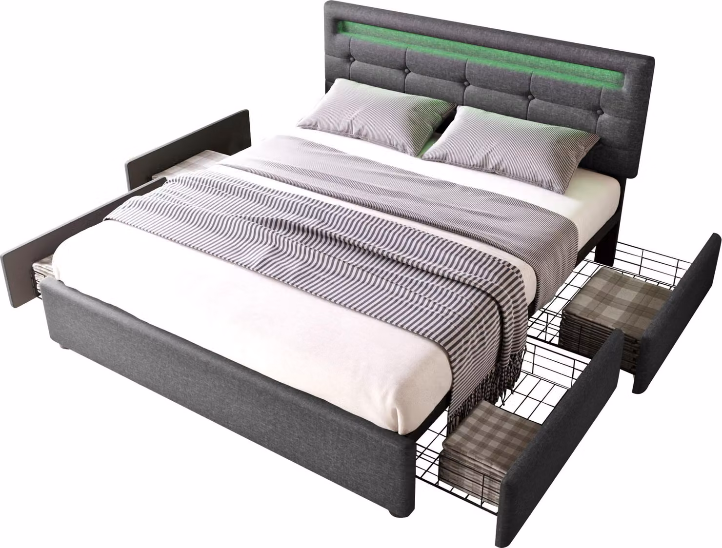 Struttura letto con illuminazione LED e 4 cassetti, letto matrimoniale imbottito 140x200cm, testata regolabile in altezza, rete a doghe in legno, (senza materasso)