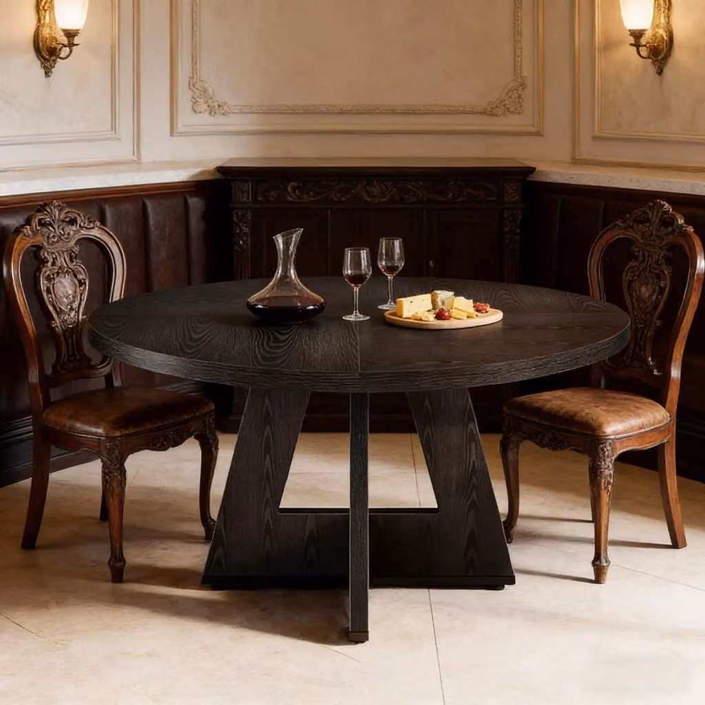 Tavolo da pranzo rotondo OKWISH in legno nero stile rustico per 4 persone, Diametro: 120 cm – 2