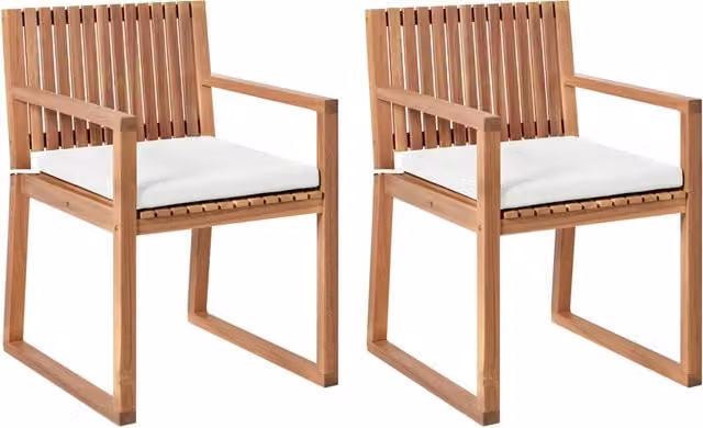 Set di 2 sedie da pranzo da giardino con cuscini, marrone chiaro e bianco sporco in legno di acacia certificato effetto lino stile rustico