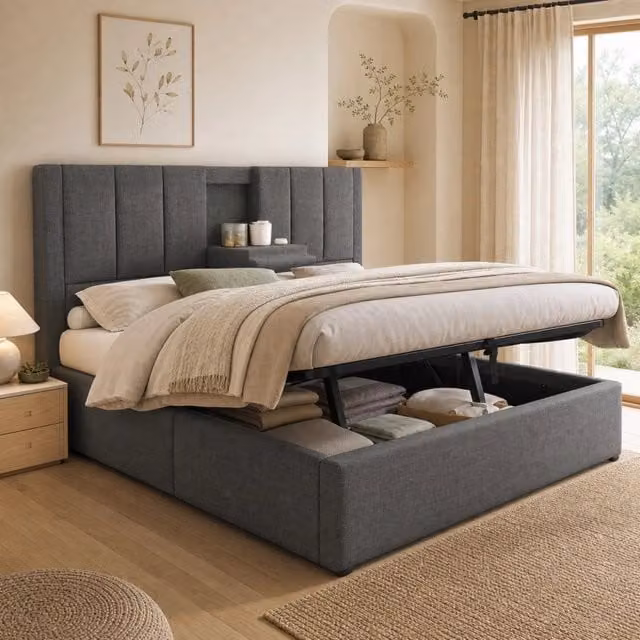 Letto imbottito ULEVR 180x200 cm con contenitore idraulico, ricarica USB e Type-C, lino grigio
