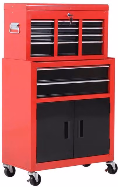 Carrello porta attrezzi 2 in 1 in metallo con cassetta superiore, armadietto inferiore e ruote, rosso, L: 61.6 cm, P: 33 cm, H: 108 cm – 1