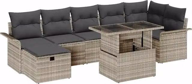 Set da giardino moderno vidaXL in polyrattan grigio con 8 pezzi composto da divano ad angolo, pouf, tavolino e cuscini inclusi