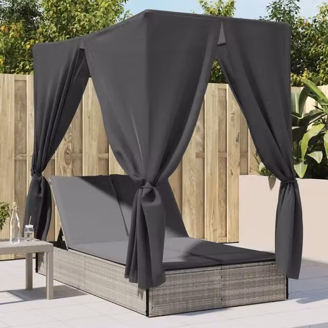 Lettino Prendisole Tetto e Tende Grigio Chiaro in Polyrattan 368077