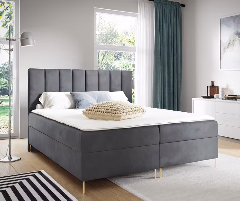GUTTO Letto imbottito con testiera, 120x200 cm, grigio velluto, gambe dorate. Letto matrimoniale, letto per bambini, letto rivestito in velluto