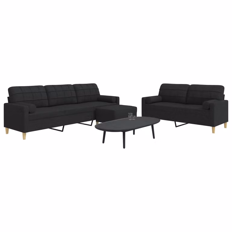 Set di divani vidaXL da 3 pezzi con pouf e cuscini, nero in tessuto moderno con struttura in metallo