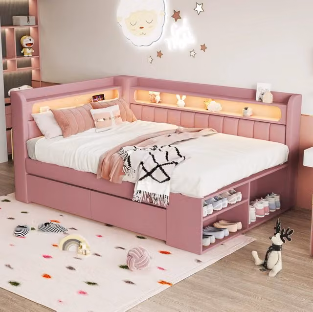 Divano Letto Imbottito 90x200 cm con Porta USB, Striscia LED, Scarpiera e 2 Cassetti, Rosa