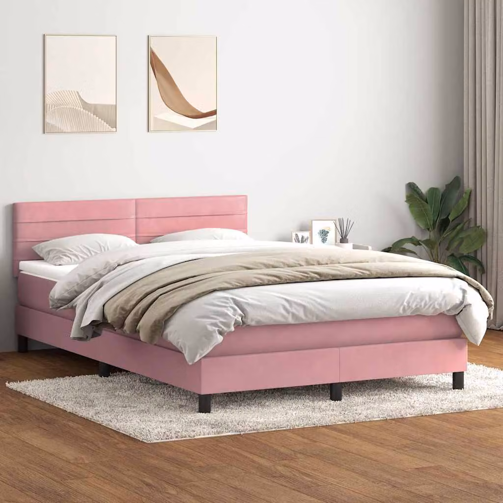 vidaXL Letto con Giroletto a Molle e Materasso Ibrido in Velluto Rosa e Bianco L: 144 cm, P: 213 cm