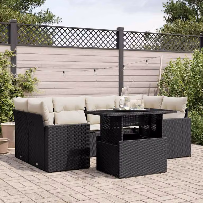 Set Divani da Giardino a L vidaXL in Polyrattan Nero con 7 Cuscini e Tavolino da Esterno
