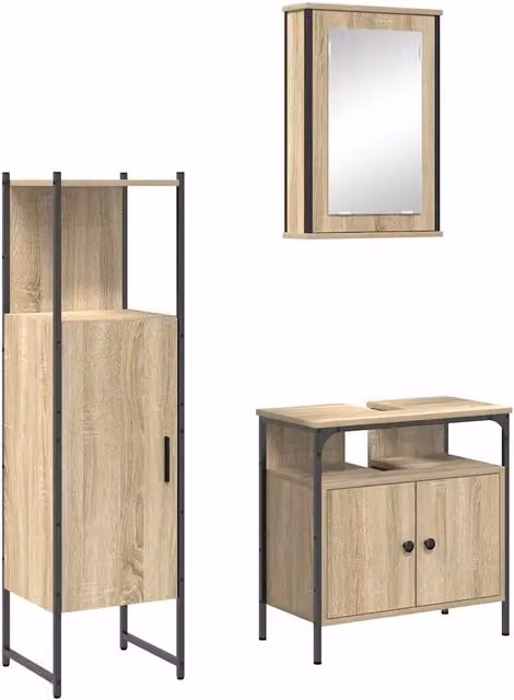 Set di mobili per il Bagno | Armadio da bagno 3 pz Marrone Legno multistrato