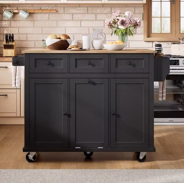 Isola cucina mobile con piano estraibile, cassetti e vano rifiuti, multifunzionale, colore nero