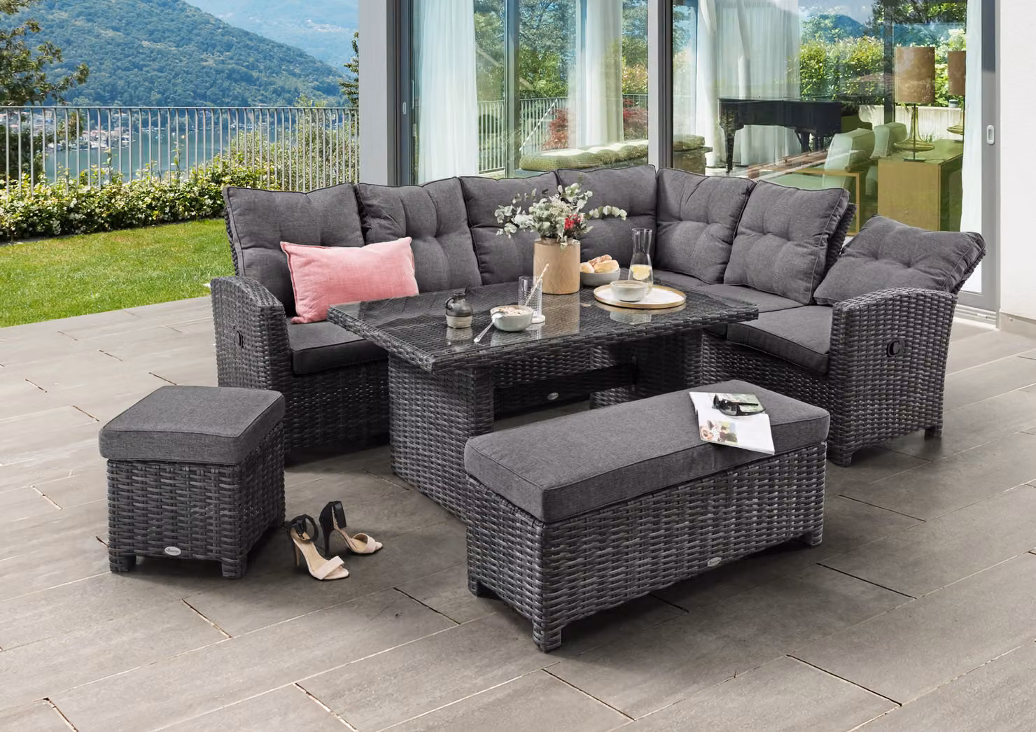 Gruppo angolare Destiny SANTA PONSA DE LUXE con tavolo 140x80x64 cm, grigio screziato