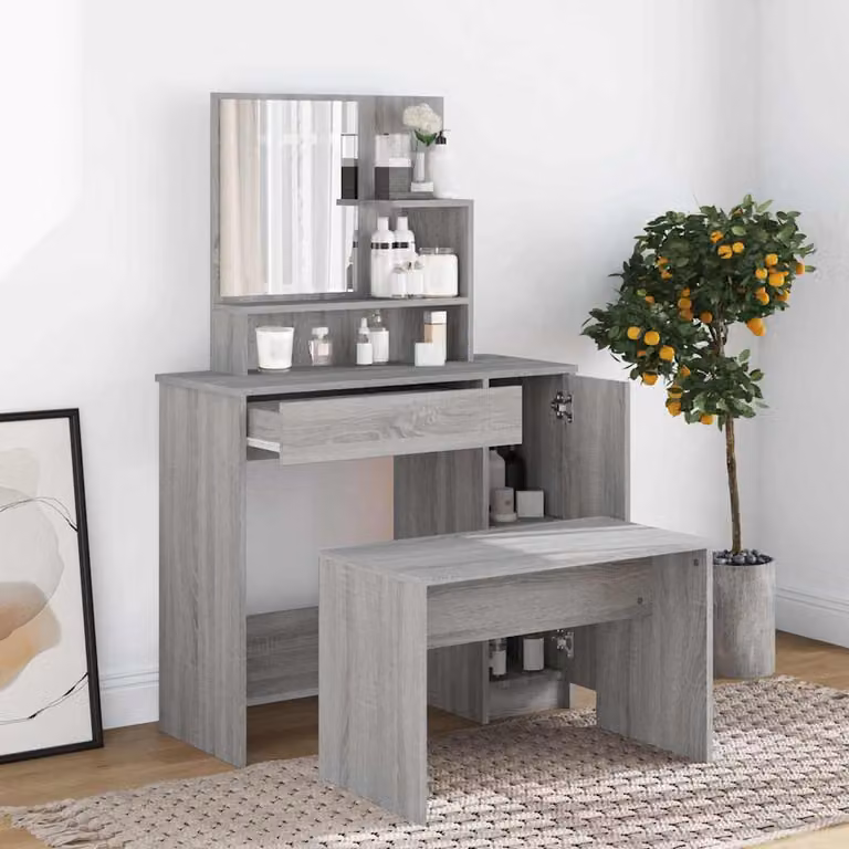 Set Tavolo da Toeletta vidaXL Grigio Sonoma L 86,5 cm, P 35 cm, H 136 cm