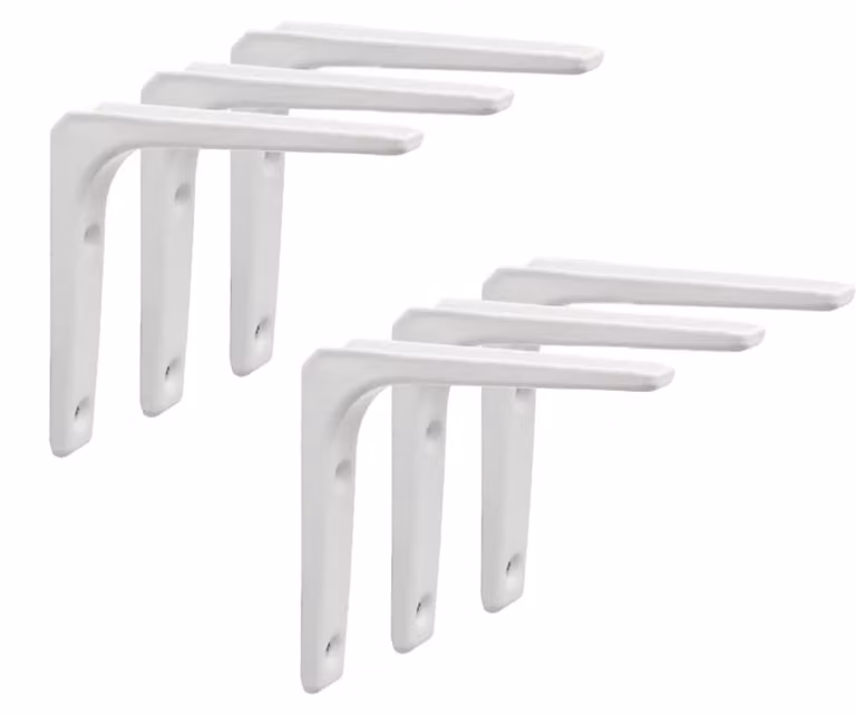 6 staffe angolari bianche a forma di L, dimensioni 100 x 100 mm, complete di viti e tasselli, per scaffali in legno