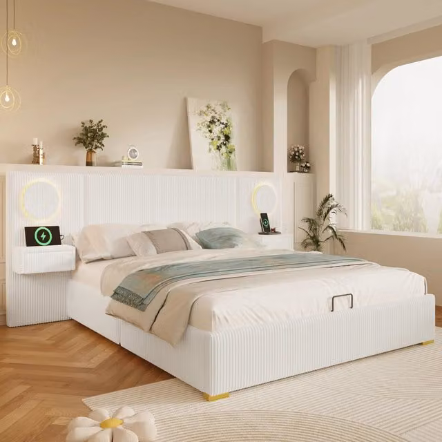 Letto imbottito 180x200 cm con contenitore; LED e USB in velluto beige