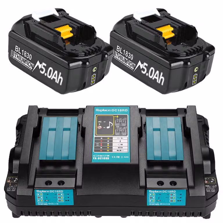 2 batterie da 18 V, 5,0 Ah, e un caricabatterie da 6A per utensili da 14,4–18 V