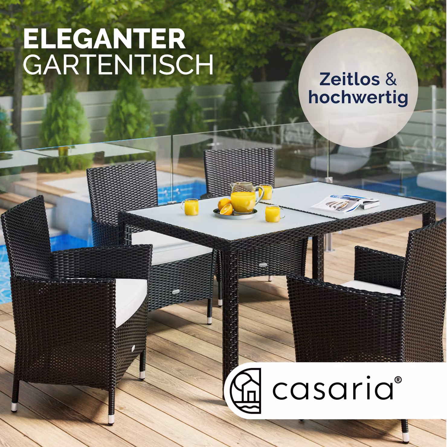 Tavolo da giardino rettangolare estensibile CASARIA in polyrattan nero con piano in vetro L: 150 cm, P: 90 cm, H: 75 cm – 2