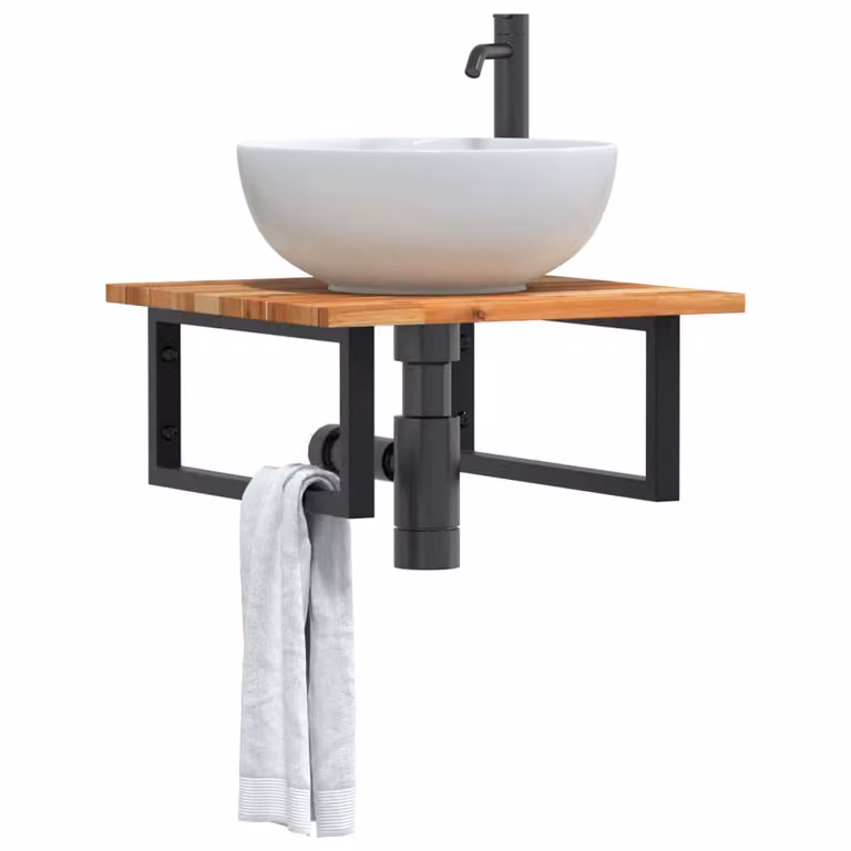 Ripiano a parete per lavabo vidaXL in legno di acacia oliato e metallo nero e marrone
