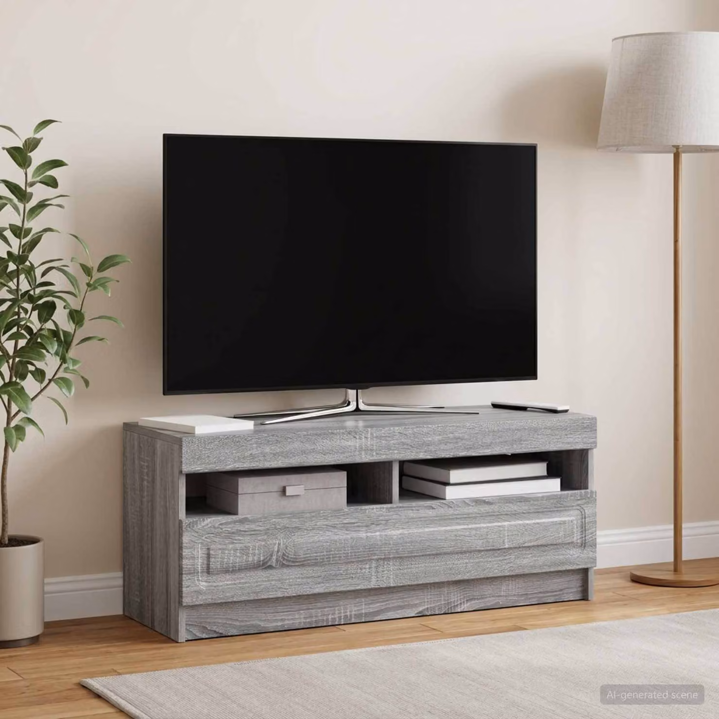 Mobile TV LED vidaXL in legno ingegnerizzato color grigio e sonoma con illuminazione integrata e scomparti multimediali