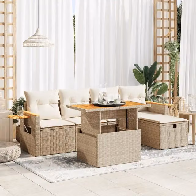 Set Divano da Giardino 6 Pezzi vidaXL con Cuscini Beige e Tavolino, Design Moderno a L in Polyrattan e Acciaio con Coperture Rimovibili – 1