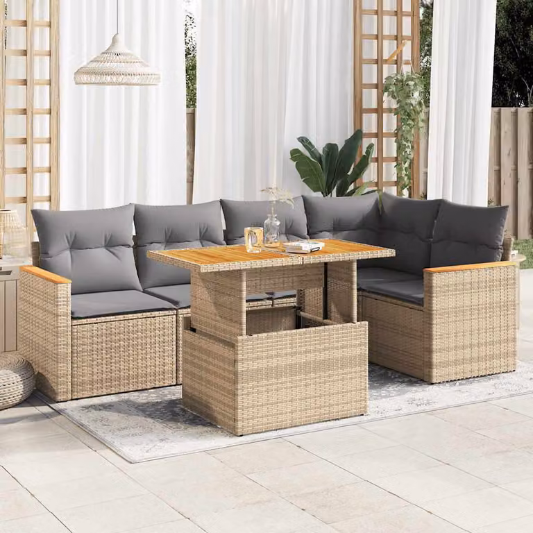 Set Divano da Giardino vidaXL 6 pz a L con Cuscini Beige in Polyrattan e Legno di Acacia