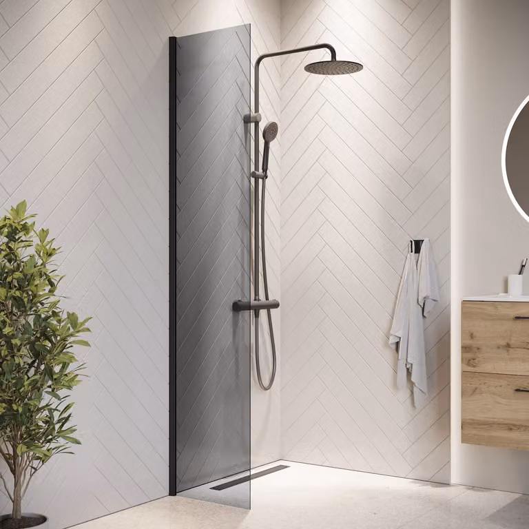 Badplaats Parete Doccia Rizani 40 x 200 cm – Nero – Vetro Fumé Doccia Walk-In 8 mm Vetro di Sicurezza